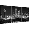 NAN Wind 3 Pcs Wall Art Dallas Skyline Black & White Canvas Art Paintings For Room Decor Dallas Cityscape Skyscrapers Night Scene Picture Prints On Canvas For Home Decor Modern Giclee Framed