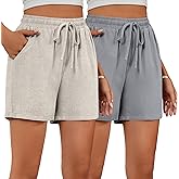 Ficerd 2 Pack Women's Linen Wide Leg Shorts, Casual High Waisted Drawstring Shorts Pant Comfy Summer Beach Short with Pockets
