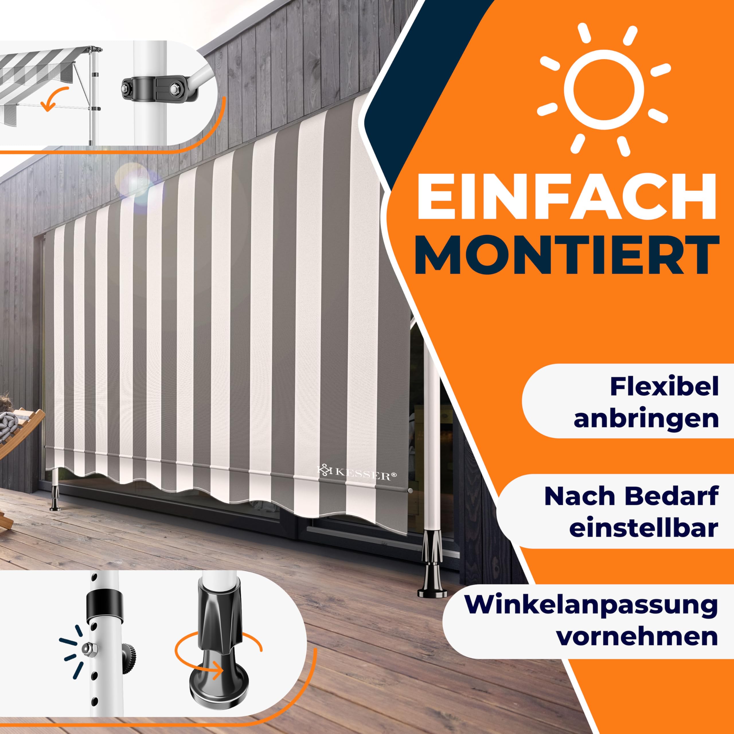 KESSER® Klemmmarkise mit Handkurbel Balkon | Balkonmarkise ohne Bohren | Markise UV-beständig höhenverstellbar & wasserabweisend | Sonnenschutz für Balkon Terrasse & Garten, Terrassenüberdachung 150cm 7