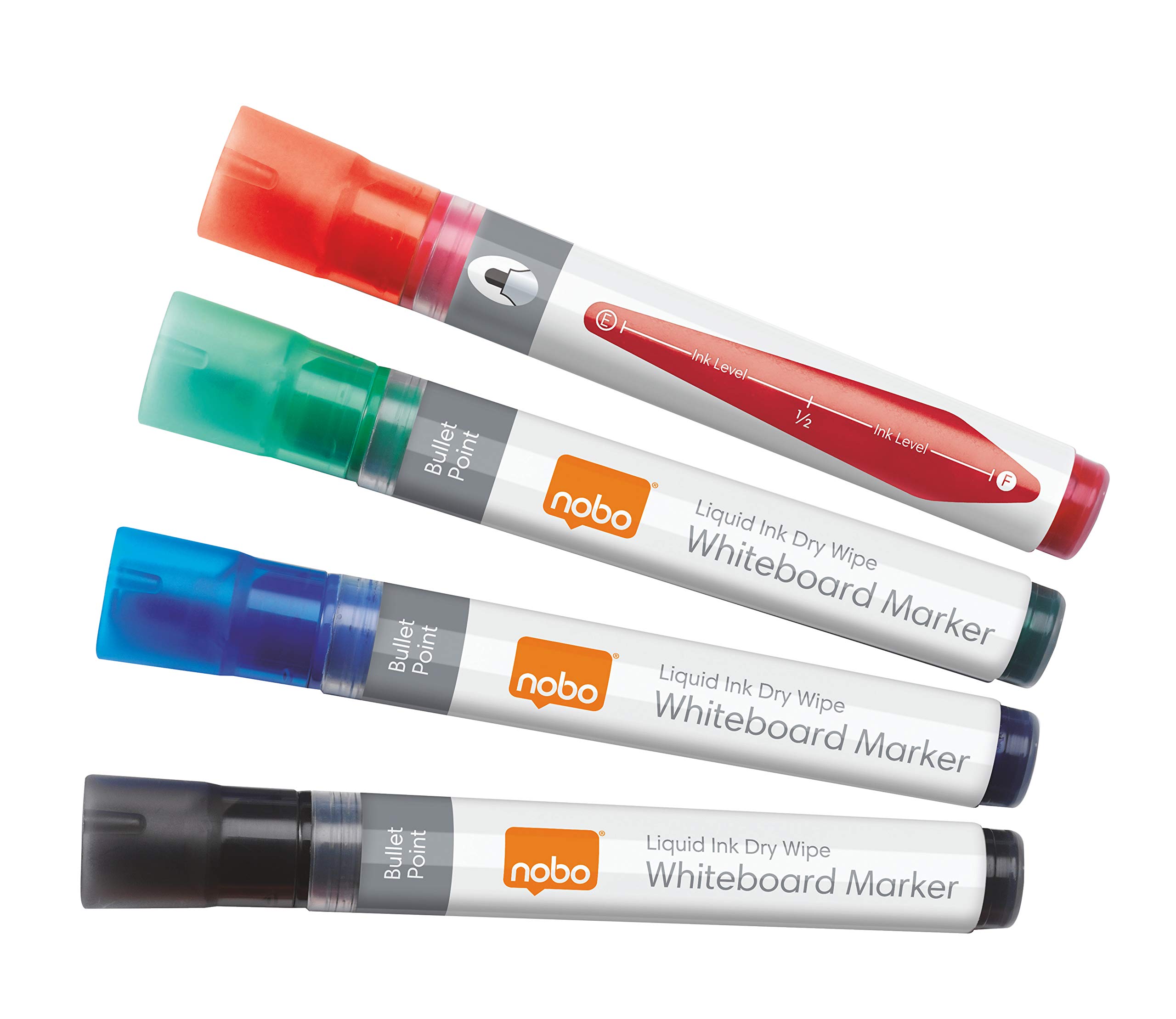 Nobo Liquid Ink Drywipe Whiteboard Pens, 3 mm Bullet Tip, Pack of 4, 1902408, Coloured