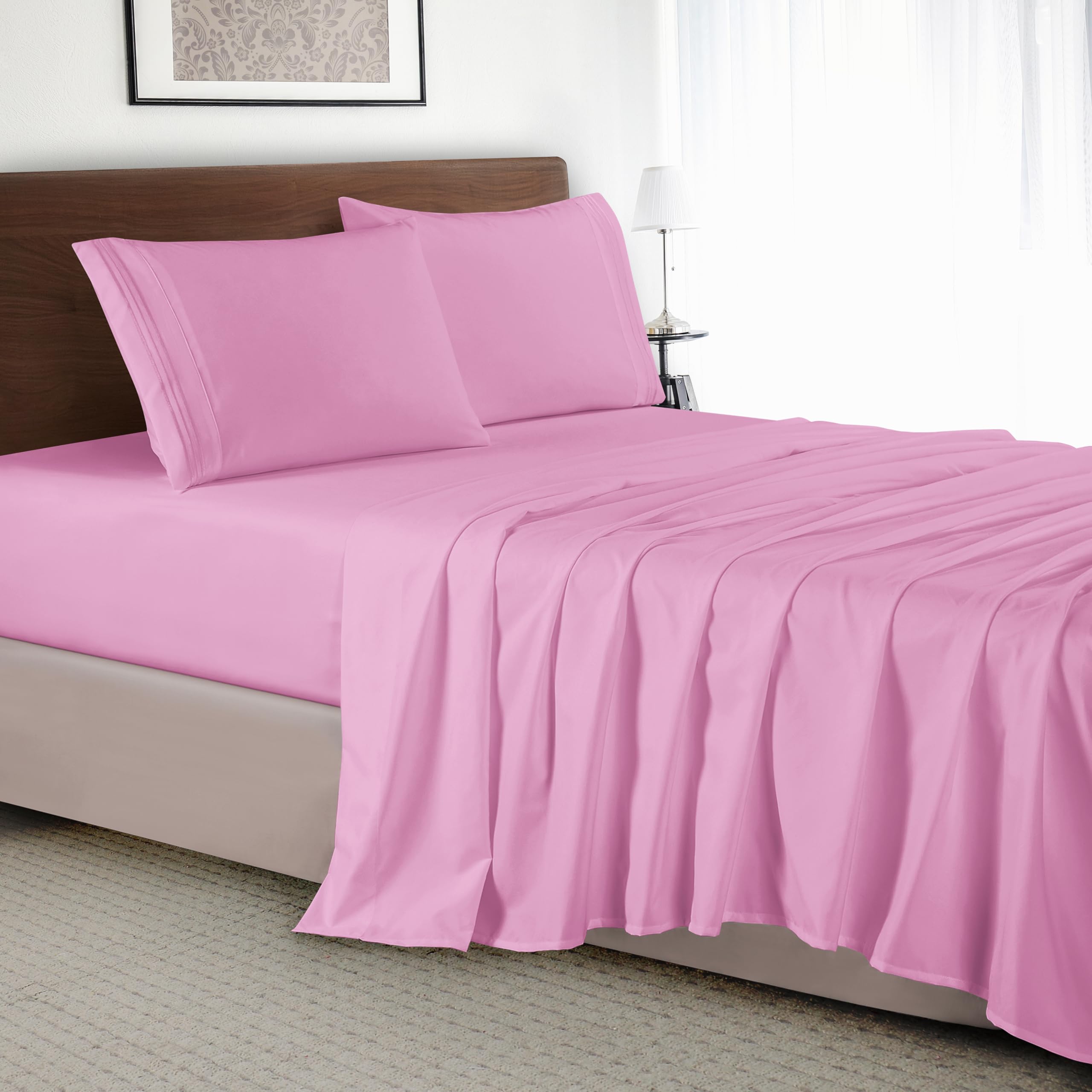 Elegant Comfort Luxury 4-Piece Bed Sheet Set - Luxury Bedding 1500 Premium Hotel Quality Microfiber, Wrinkle Resistant Cool & Breathable, Easy Elastic Fitted, Full, Light Pink
