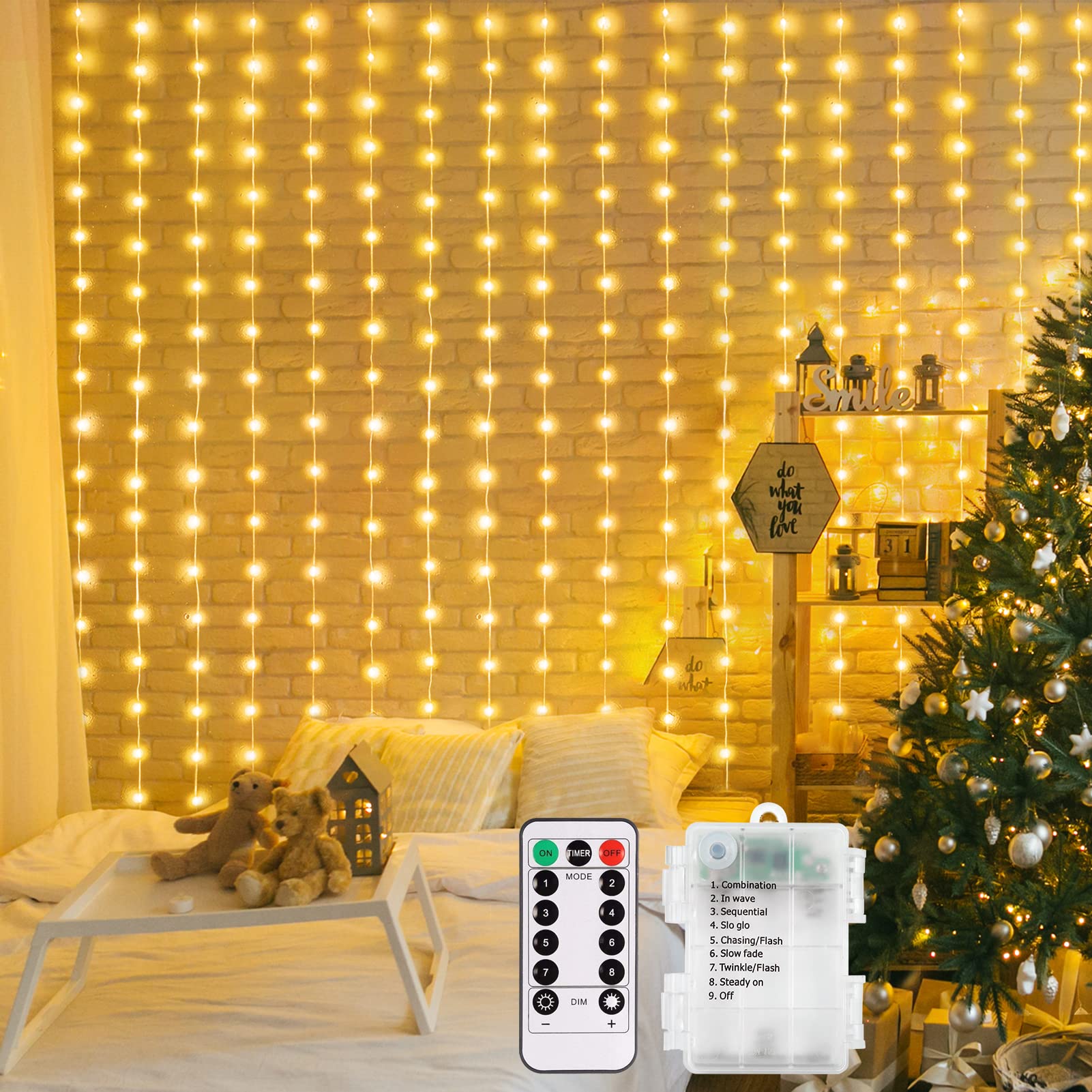 Photo 1 of Curtain Lights Battery Operated 200 LED Curtain Fairy Lights 6.6×6.6ft with Remote Timer Outdoor Wall Light Fully Waterproof for Wedding Backdrops Bedroom Decor (Warm White)