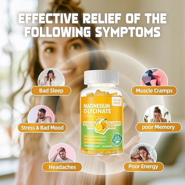 NOVOMINS 180 CT MAGNESIUM GLYCINATE GUMMIES 1000MG – SUGAR FREE MAGNESIUM POTASSIUM SUPPLEMENT WITH VITAMIN D, B6, COQ10 FOR CALM MOOD & SLEEP SUPPORT – 180 ORANGE GUMMIES