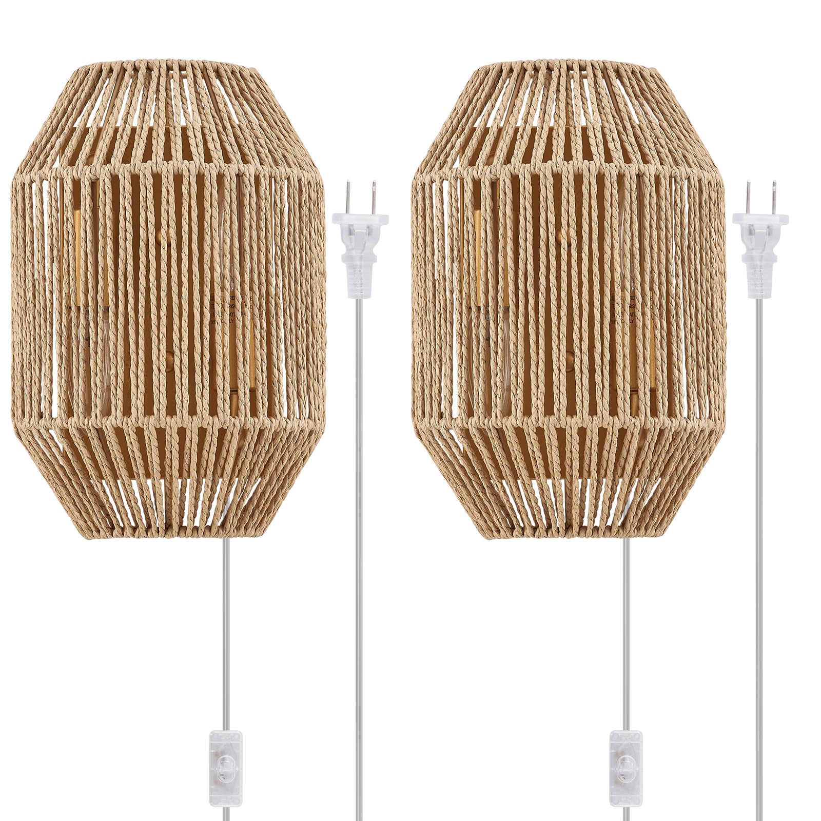 Photo 1 of MhyTogn Natural Rattan Plug-in Wall Sconce Set of 2, with Boho Woven Wicker Shade Antique Brass Brush Paint Finish for Vanity Stairway Fireplace Living Room Bedside Passway Hallway