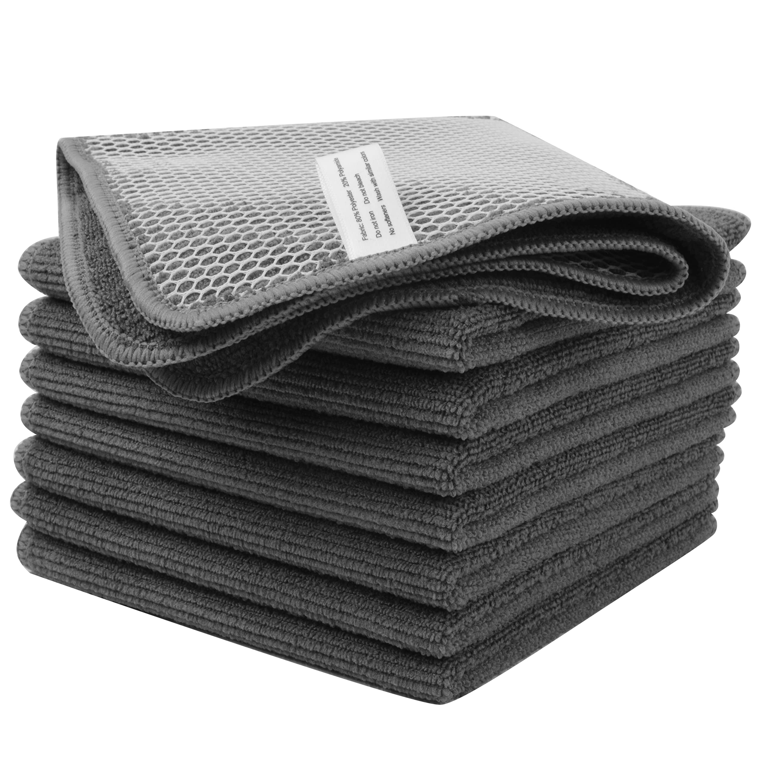 VIVOTE Washable Microfiber Dish Towels with Scouring Side Poly-Mesh Dish Cloths Kitchen Household Cloths Kitchen, 8Pack, 30cmx30cm (Black)