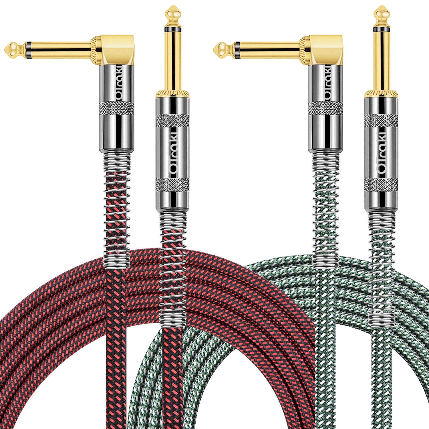 OTraki 2 Pcs Instrument Cable 3m, 10ft Braided Guitar Lead Instrument Cables 6.35mm 1/4 Inch Jack Cord Thick Gold Plated Amp Lead for Electric Bass, Microphone, Pro Audio (Red+Green)