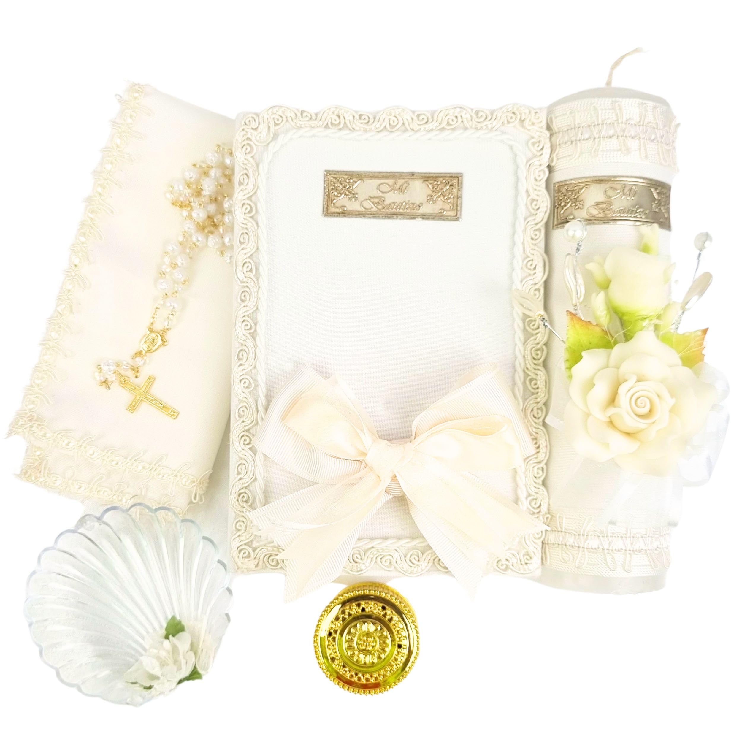 Photo 1 of 5 Pcs Ivory/Cream Baptism Candle Set for Boys and Girls - Velas para bautizo - Vela de bautizo para niño - bautiso de niña - Catholic baptisms Candle Set Girl - Baptism kit with Bible