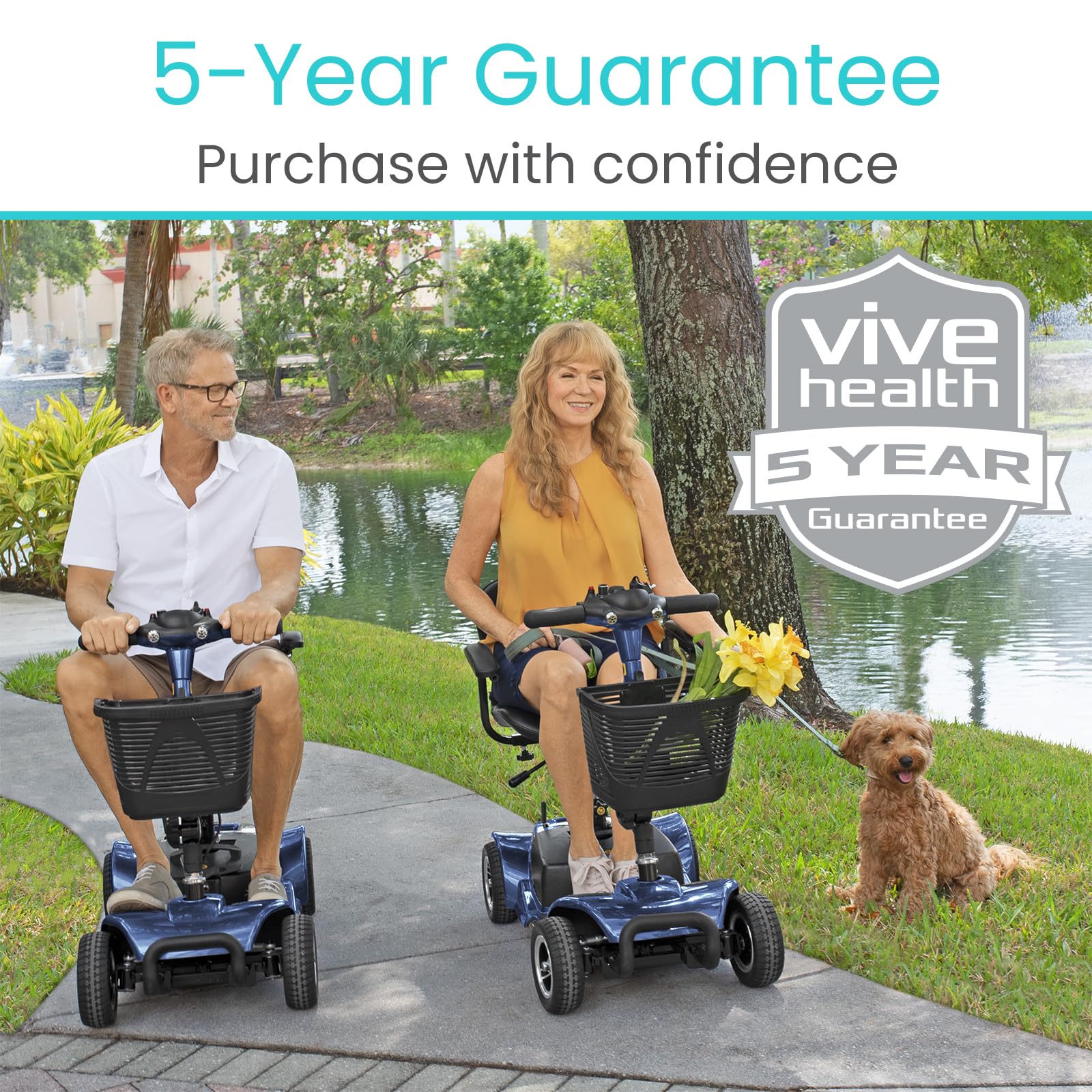 Vive 4 Wheel Mobility Scooter - Electric Powered Wheelchair Device - Compact Heavy Duty Mobile for Travel, Adults, Elderly - Long Range Power Extended Battery with Charger & Basket