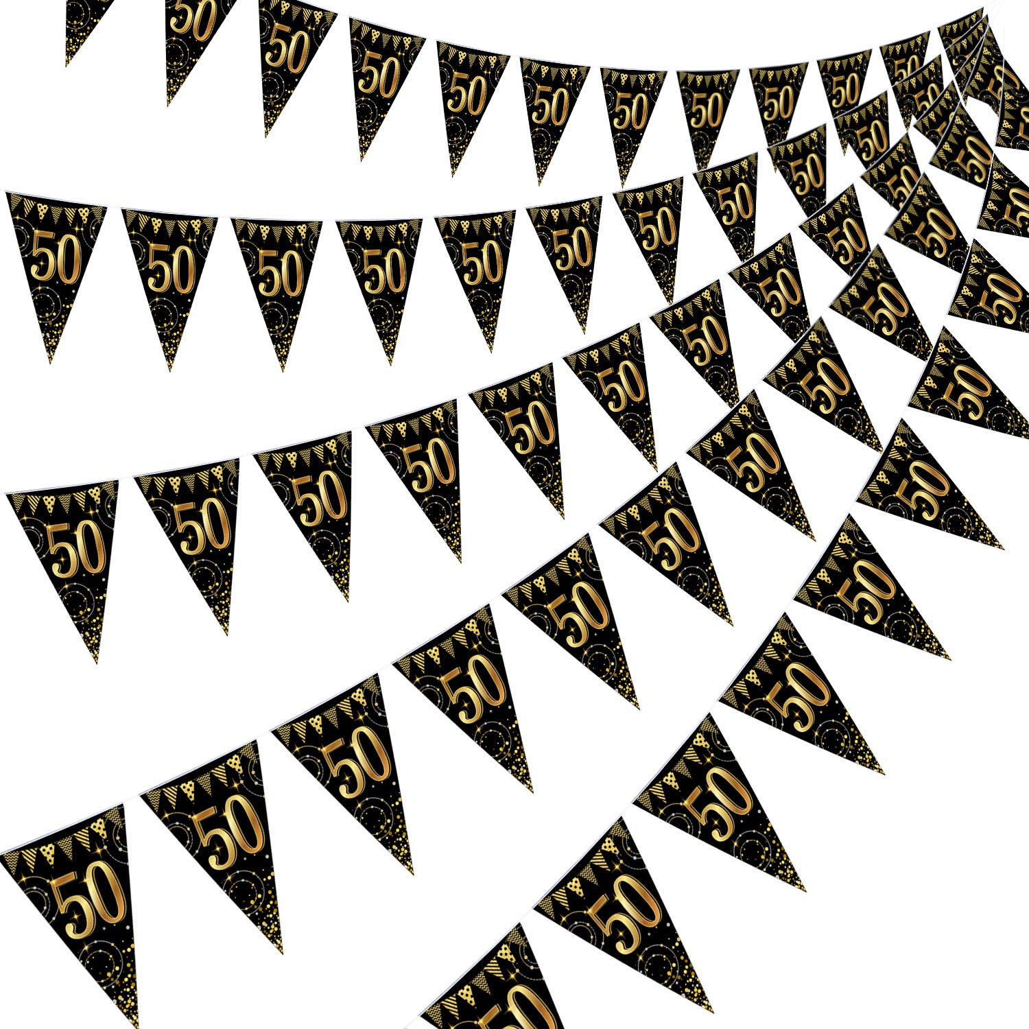 Frienda 5 Pcs Happy 50th Birthday Banner Bunting Flags Gold and Black Glitter 50th Birthday Anniversary Party Decoration Supplies, 7.4 x 10.8 Inch