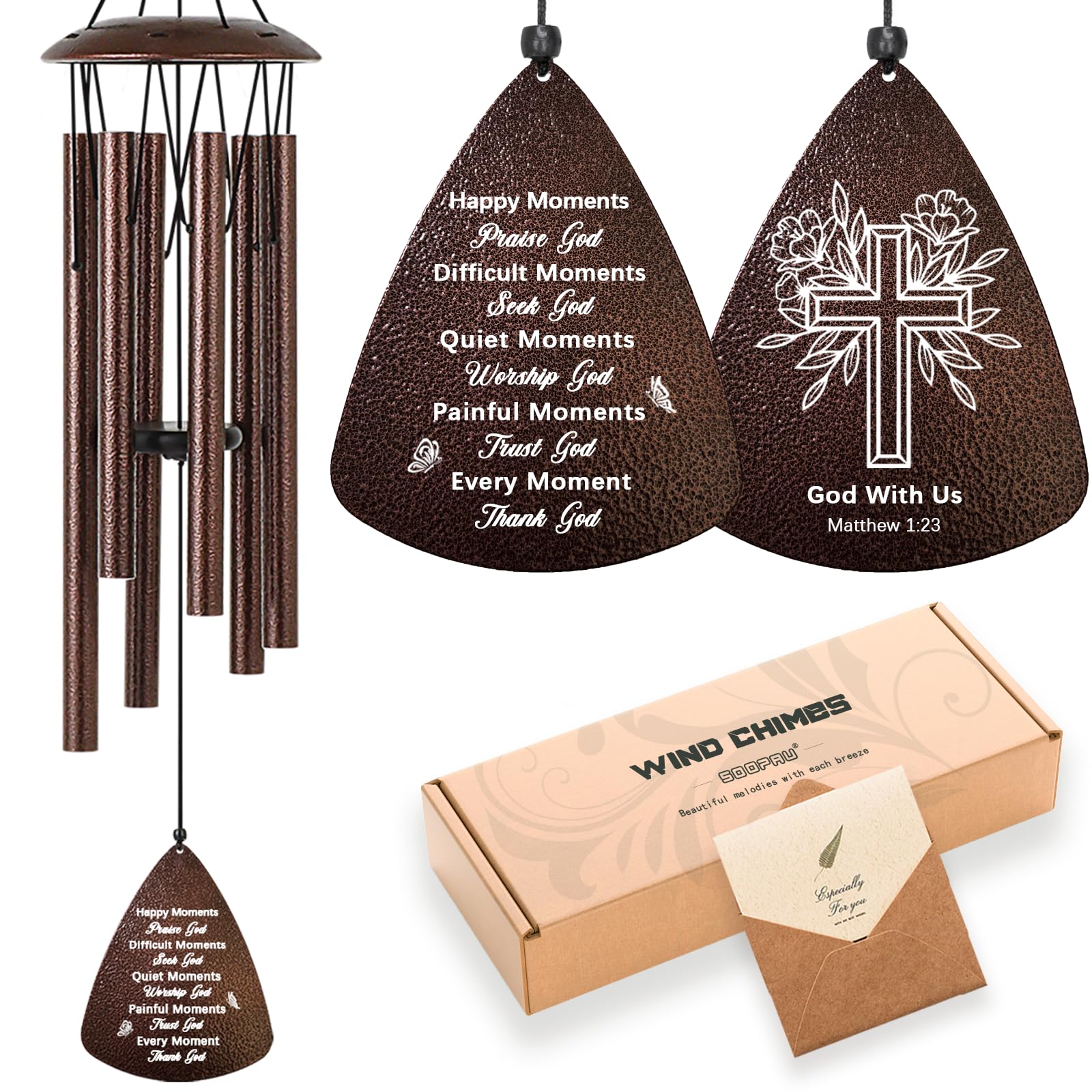 Christian Gifts for Women Men, 32" Bronze Wind Chimes Religious Gifts with Bible Verse, Spiritual Faith Based Gift for Christian Women Mom Sister Friend Coworker Image