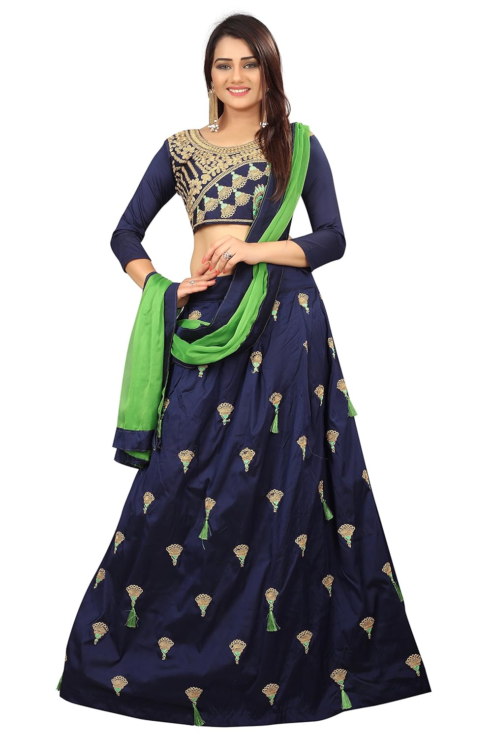 dharmi fashion women's tappeta silk lehenga choli (blue,free size, semi-stitched)