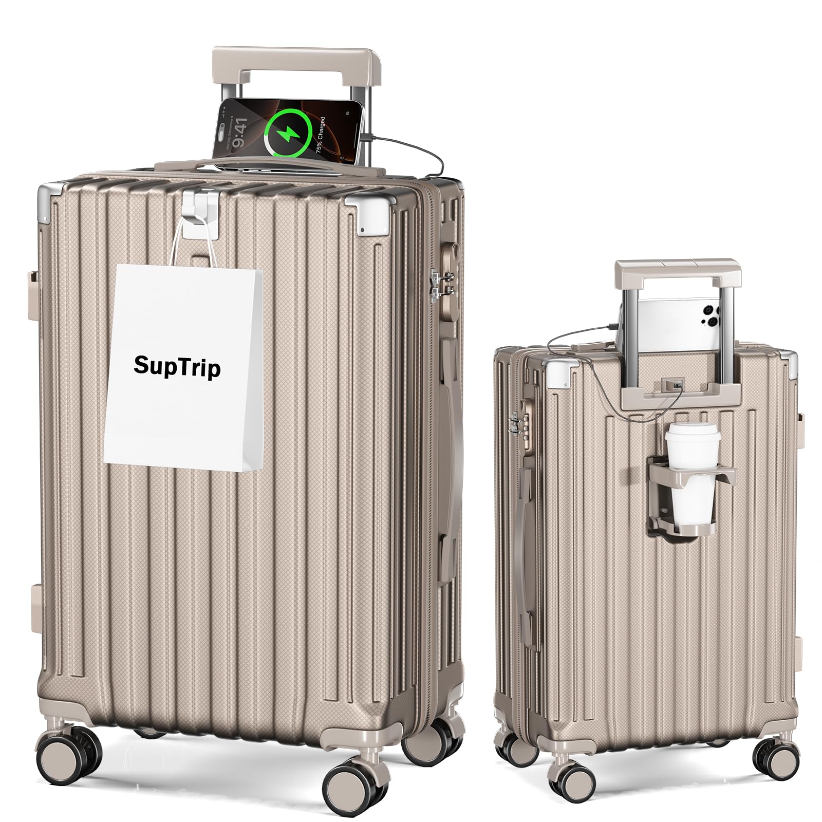 [SupTrip] スーツケース 機内持ち込み 多機能 キャリーケース 大型 超軽量 キャリーバッグ 耐衝撃 USBポート付き カップホルダー付き 充電機能 荷物フック 隠しフック機能 静音 ダブルキャスター 360度回転 修学 泊まる 旅行 出張 (シャンパンゴールド, S (40L/1-3泊/機内持込）)商品画像