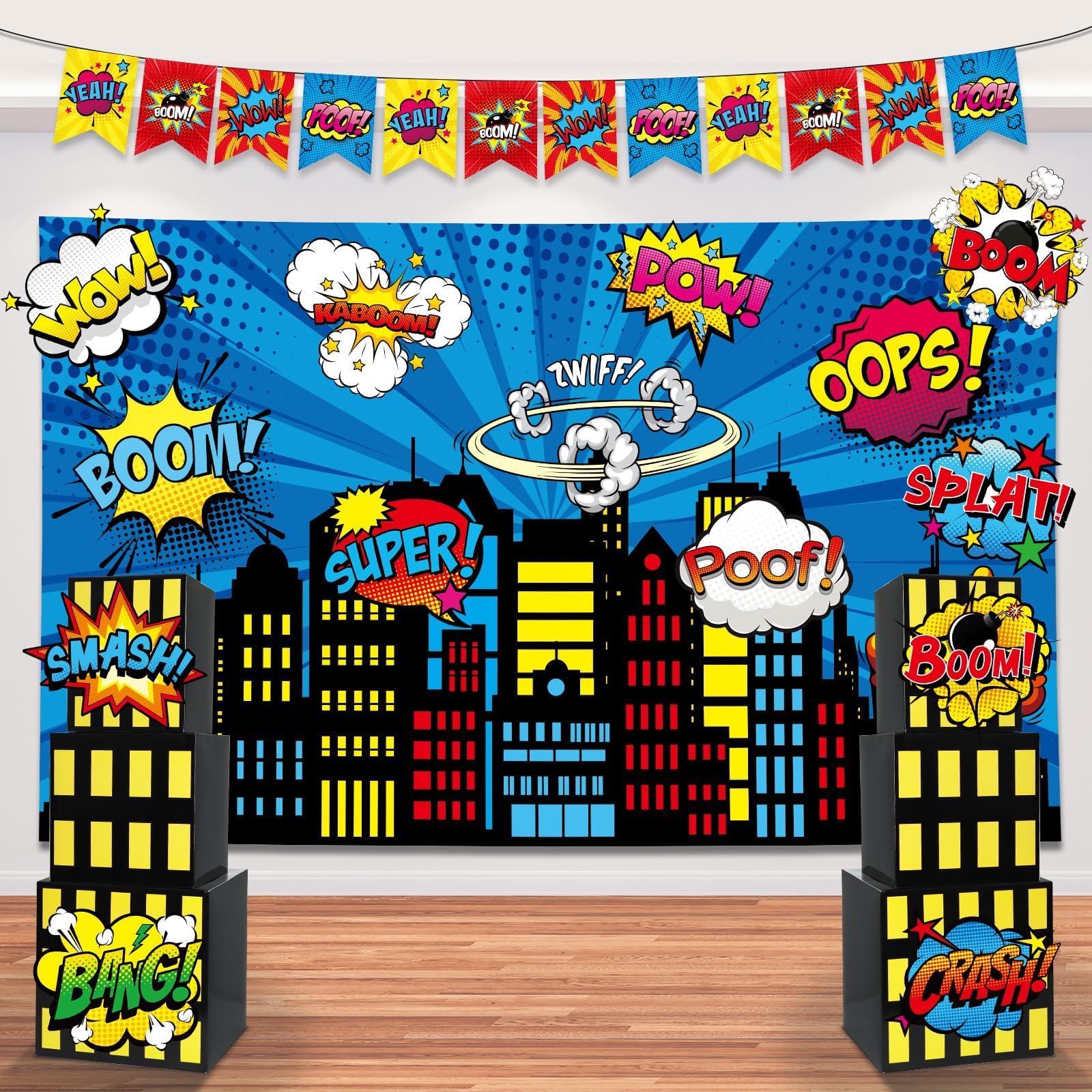 Photo 1 of 17Pcs Super Theme Hero Party Photography Backdrop for Hero Birthday Decorations with Hero Background Skyscraper City Boxes Hero Cutouts Super Banner for Super Theme Hero Birthday Party Supplies