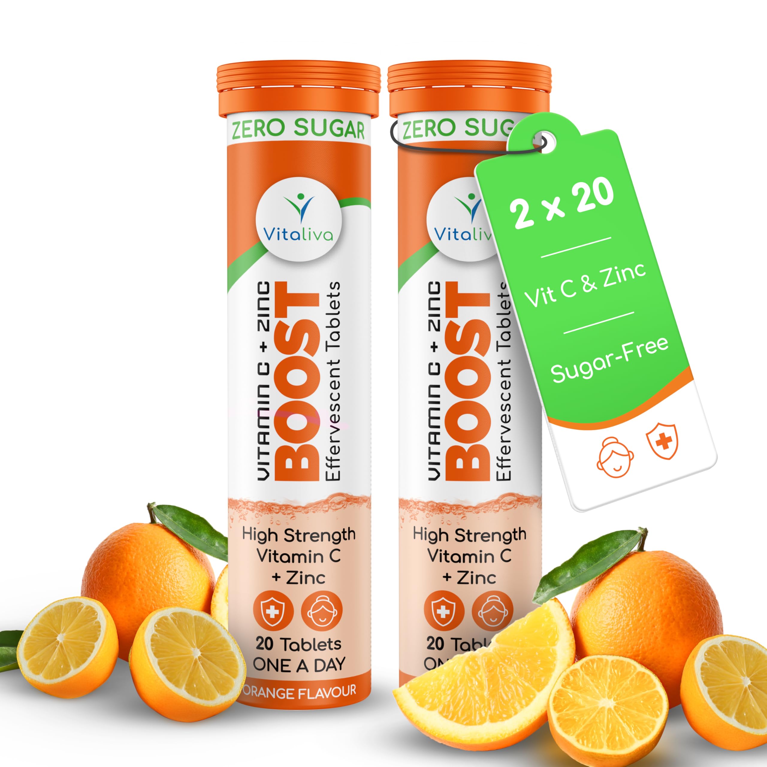 Vitaliva High Strength Vitamin C and Zinc - ONE a Day. Sugar-Free and Vegan Friendly. Twin Pack Deal (2 Packs of 20)