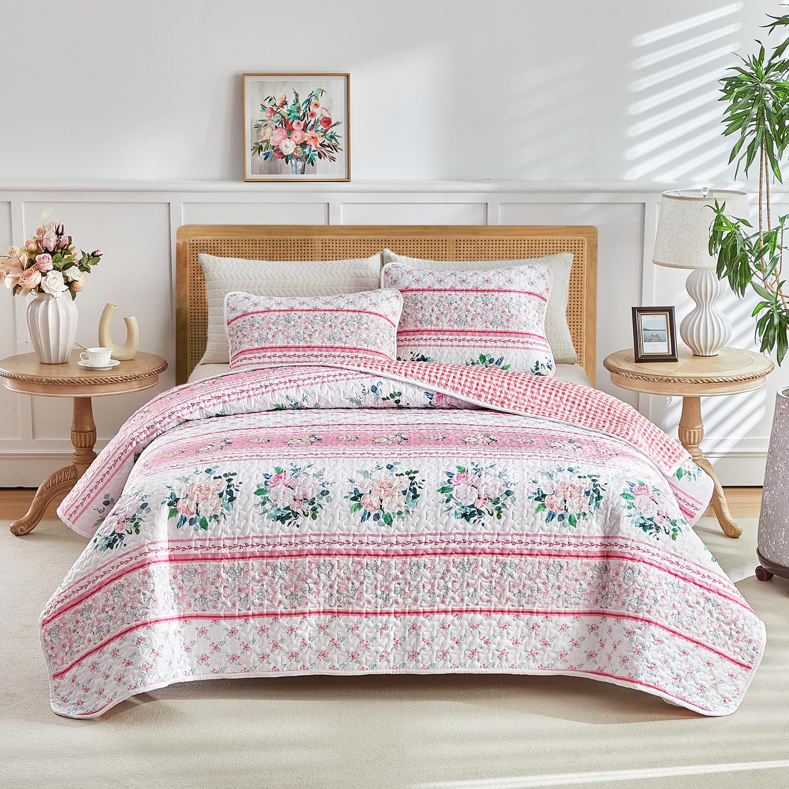 Joyreap 3 Pieces Floral Quilt Set Queen, Pink Flowers Stripes Boho Design, Soft n Cozy Microfiber Quilt, Bedspread Bed Cover for All Season, 1 Quilt and 2 Pillow Shams- 90x90 inches