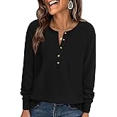 PRETTYGARDEN Women Long Sleeve Waffle Knit Shirts 2026 Fall Casual Button V Neck Loose Henley Tops Basic Tees Winter Clothes