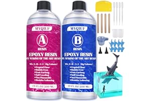Myqiuf Epoxy Resin Kit, 34OZ Epoxy Resin Crystal Clear Not Yellowing No Bubble Self Leveling for DIY Molds Wood Jewelry Table Tops Bar Top Casting Coating Crafts Supplies Easy Mix 1:1 Ratio