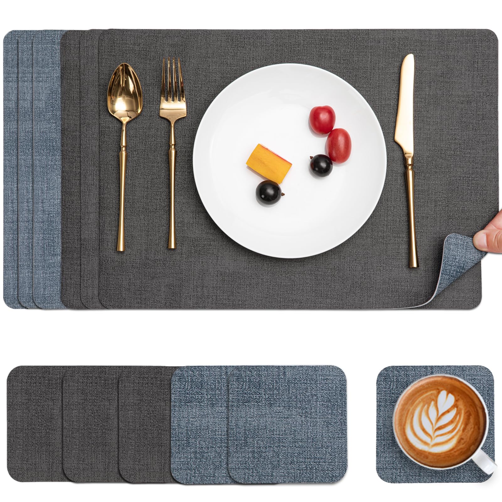 Myir JUN Placemats and Coasters Set of 6, Place Mats Dual Sided Faux Leather Table Mats PU Indoor Outdoor Heat Resistant Placemat Square Non Slip Wipeable Washable Dining Restaurant (Grey Light Blue)
