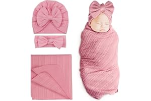 BQUBO Newborn Receiving Blanket Toddler Warm for Girls with Matching Bow Hat and Bow Headband Shower Gift