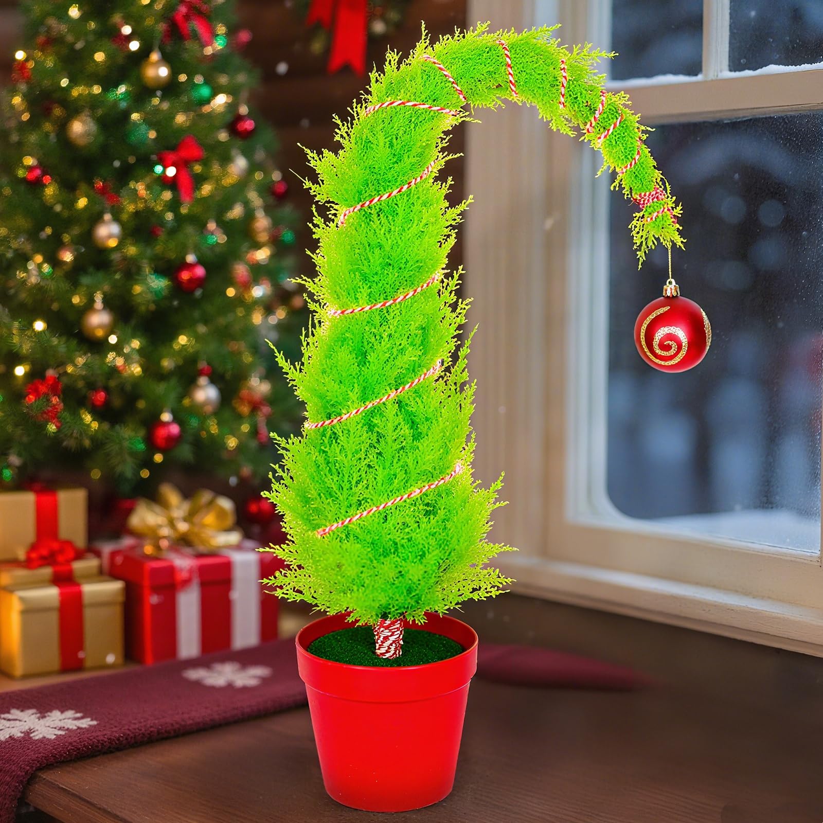 Photo 1 of 2Ft Christmas Tree Decorations, Mini Tabletop Christmas Tree with Red Thread Balls Lime Green Christmas Decorations for Centerpiece Tabletop Home Office Decor
