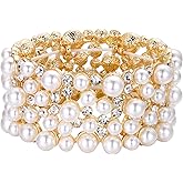 EVER FAITH Women's Crystal Simulated Pearl Stunning Bridal Wedding Hollow Elastic Stretch Bracelet