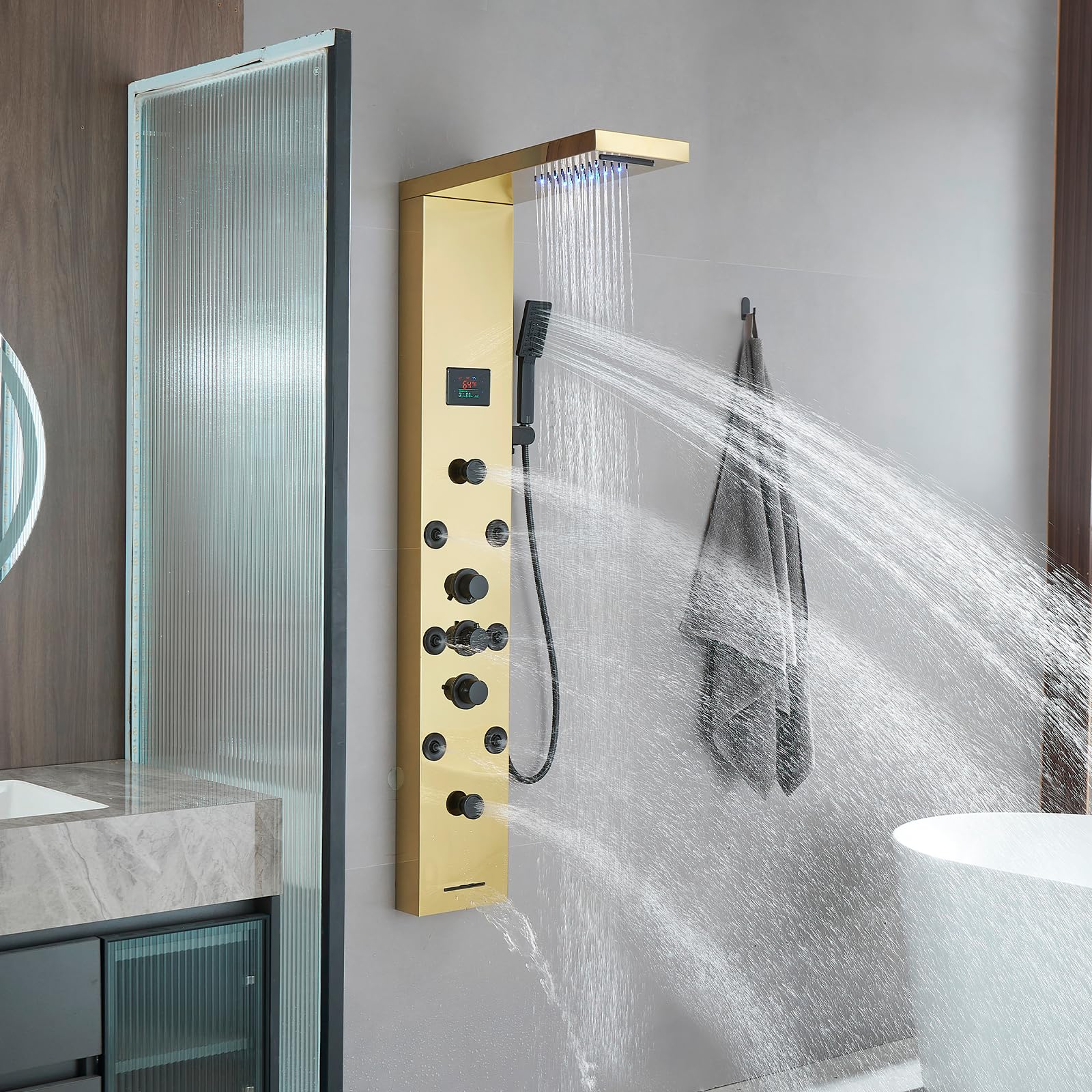 Photo 1 of ***HEAVILY USED AND DIRTY - INCOMPLETE - SEE PICTURES***
BATHLAVISH LED Gold Shower Tower 304 Stainless Steel 4 In 1 Shower Panels System with Rainfall Shower Waterfall Bath Tub Fauc Rain Massage Body Jets for Home Hotel Resort Bathroom Lavatory Wash Gold