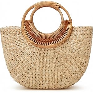 Pronoia Natural Handmade woven Straw Tote Bag, Round Rattan Top Handle Mini Moon Shaped Hobo Bag for Women Beach Vacation Dai