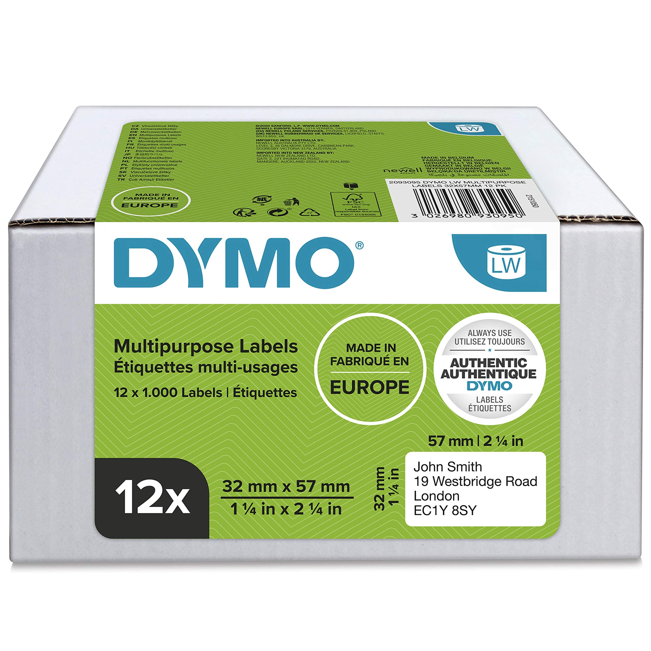 DYMO Authentic LabelWriter Multi-Purpose Labels | 32mm x 57mm | 12 Rolls of 1,000 Easy-Peel Labels (12,000 Count) | Self-Adhesive | for LabelWriter Label Makers