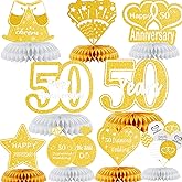 WINPOGEE 9Pcs White Gold 50th Anniversary Decorations Honeycomb Centerpieces Gold 50 Wedding Anniversary Table Centerpiece 50 Years Party Supplies Table Topper