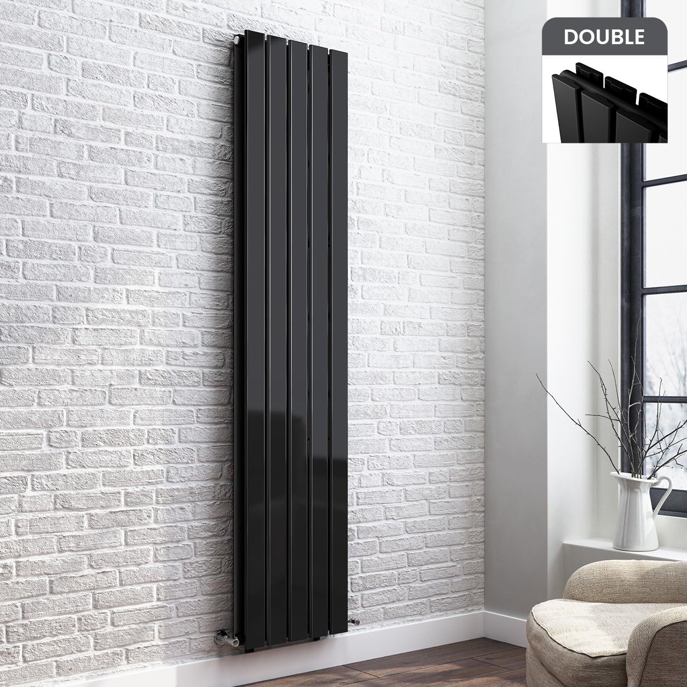 iBathUK 1800 x 382 Vertical Column Designer Radiator Gloss Black