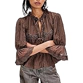 Women Ruffle Bow Tie Babydoll Tops Boho Lace Sheer Flowy Peasant Blouses Y2k Short Sleeve Eyelet Peplum Crop Shirts
