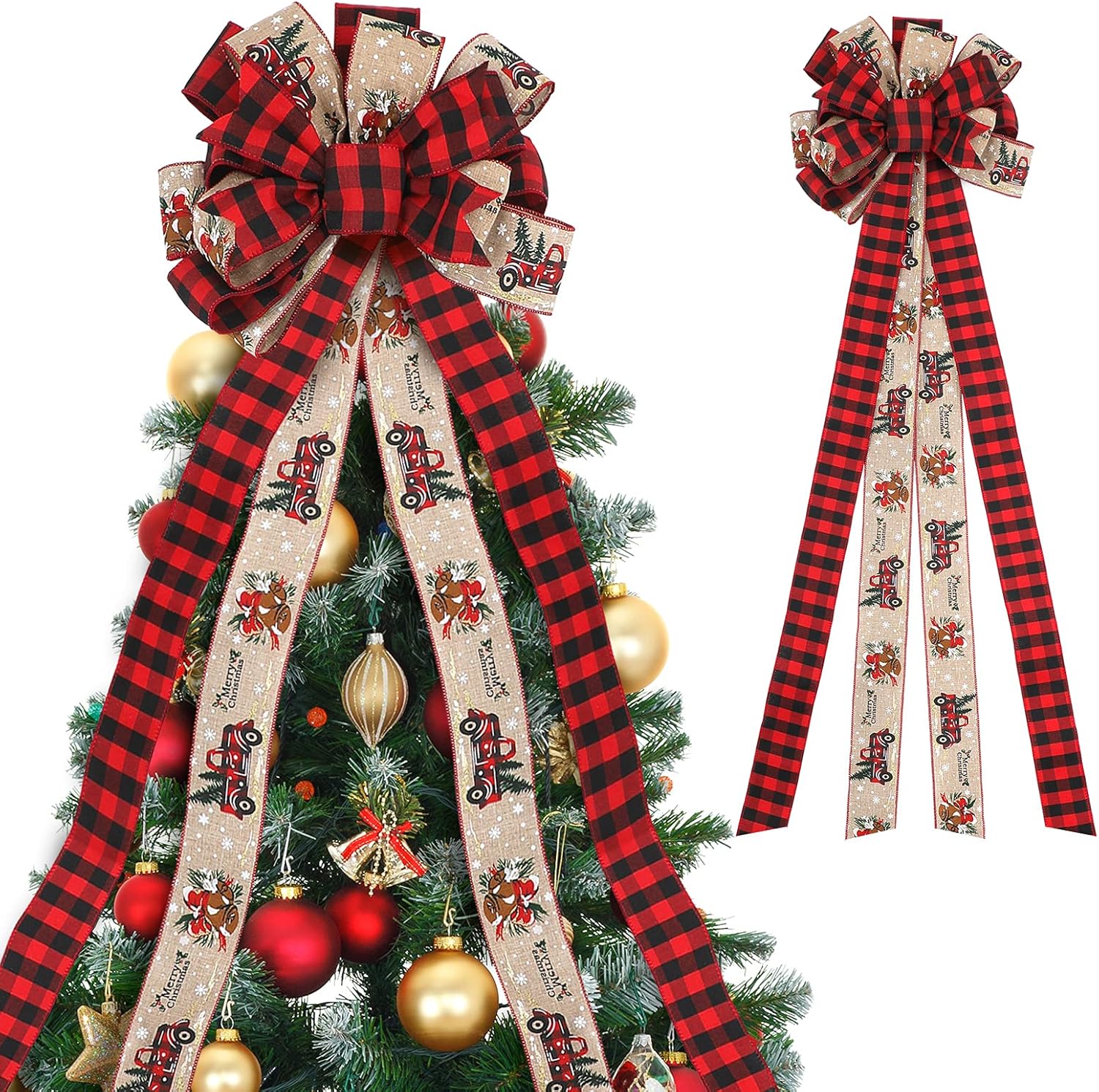 Tree Toppers - MTSCE Christmas Tree Topper, 57x 13 Inches Handmade Buffalo Plaid Christmas Decorations, Red Black Christmas Bow Topper, Rustic Farmhouse Xmas Decorations Home Decor