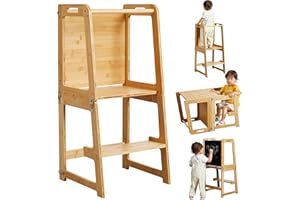 ONIRW 4-in-1 Standing Tower for Toddlers and Kids 1-6 Years, Bamboo Kitchen Learning Helper Stool with Chalkboard, Desk Table, and Chair (Natural)