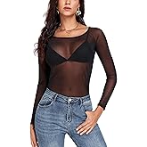 Women's Mesh Tops Long Sleeve Sheer Tee Shirts See Through Bodycon Clubwear Shirts