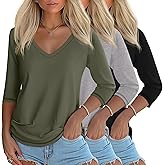 Ficerd 3 Pack Women's 3/4 Length Sleeve T Shirts, V Neck Tops Loose Fit Blouses Casual Tees 2026 Fashion Clothes