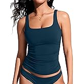 CRZ YOGA Square Neck Tankini Tops for Women - Padded Ruched Tummy Control Bathing Suits Adjustable Swim Tank Only