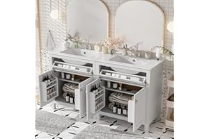 Harper & Bright Designs 60" Bathroom Vanity Set with Double Sink, Vanity Cabinet with Flip Drawer, 2 Doors, and Adjustable Shelf, Solid Wood Bathroom Cabinet with Ceramic Basin for Bathroom, White