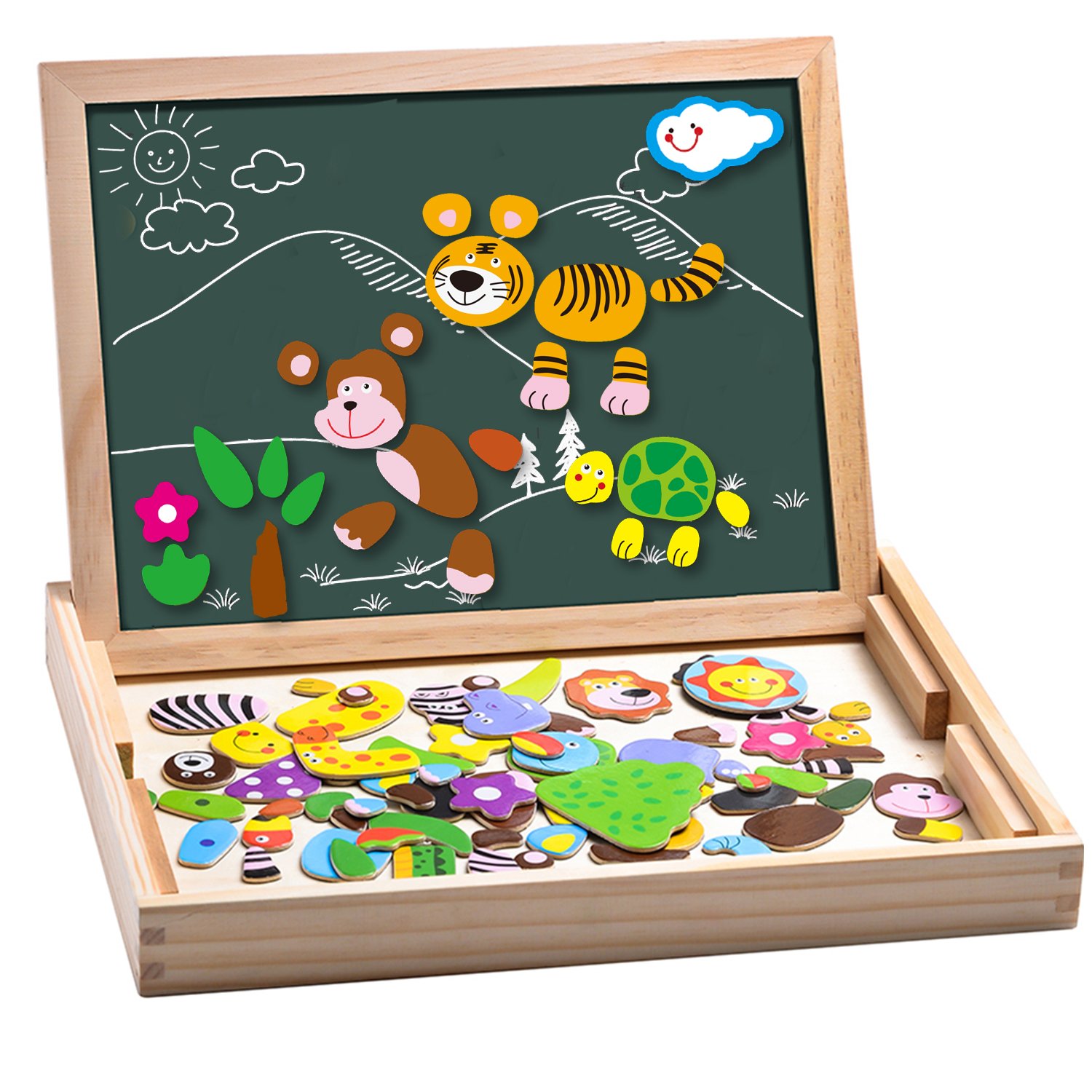MOVEONSTEP Magnetische Holzpuzzles, Puzzle Magnetisch Pädagogisches Holzspielzeug 100 STÜCKE Doppelseitiges Magnetisches Reißbrett mit 3 Farbe Mark Stifte für Kinder Alter 3 +(Panda)