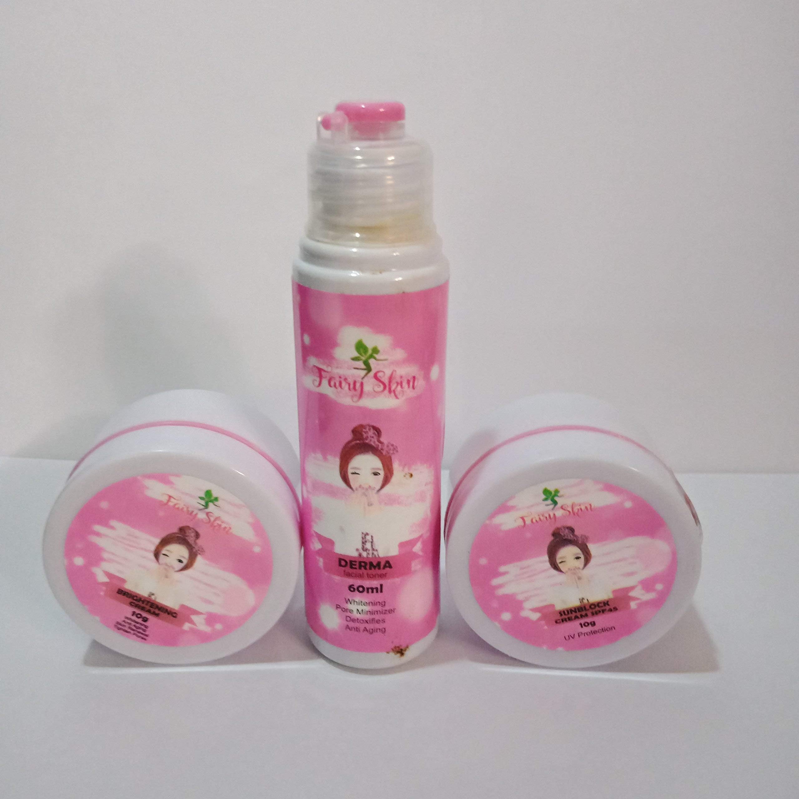FairySkin Derma Facial Set of 3 pcs (Brightening Cream, Sunblock Cream, Toner) Without Soap
