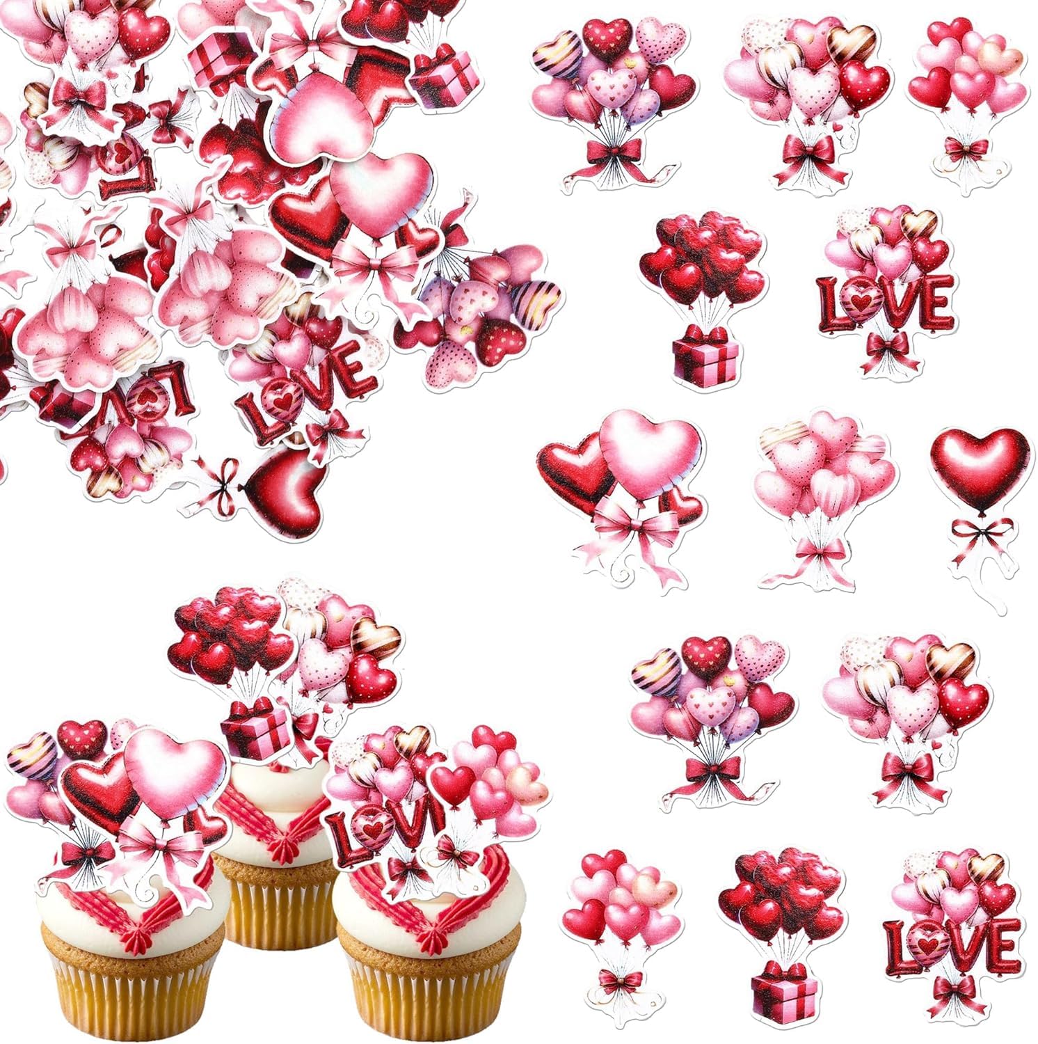 SYKYCTCY 64 Pack Edible Happy Valentine's Day Cupcake Toppers Sweet Love Cupcake Picks Heart Decoration for Valentine's Day Theme Birthday Party Cake Decorations Supplies