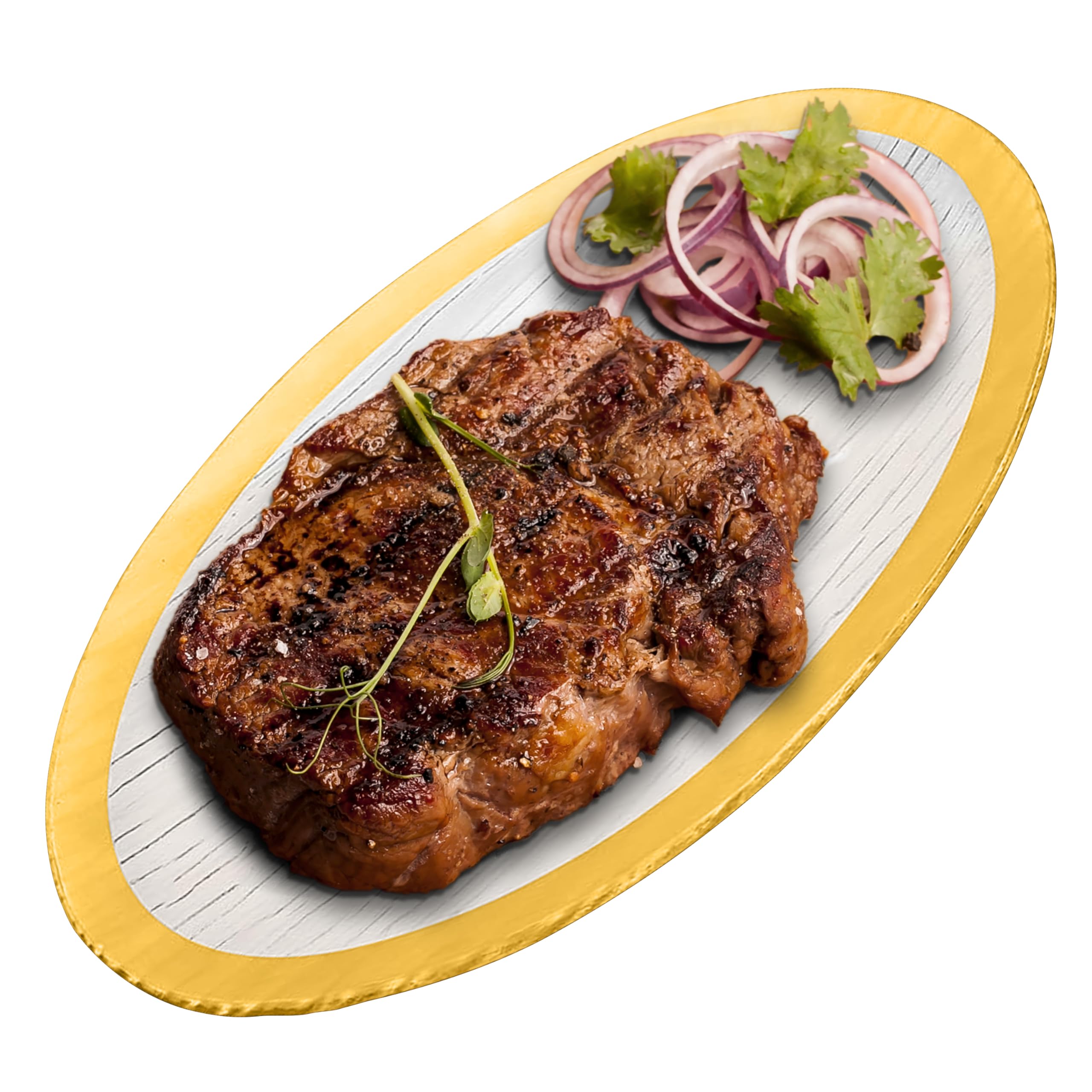 Tempered Glass Oval Meat Serving Tray – Durable Food Platter for Serving Dishes, Party Trays and Platters, Microwave Oven & Dishwasher Safe Decorative Tray – 8.5 x 14 Inch, Gold