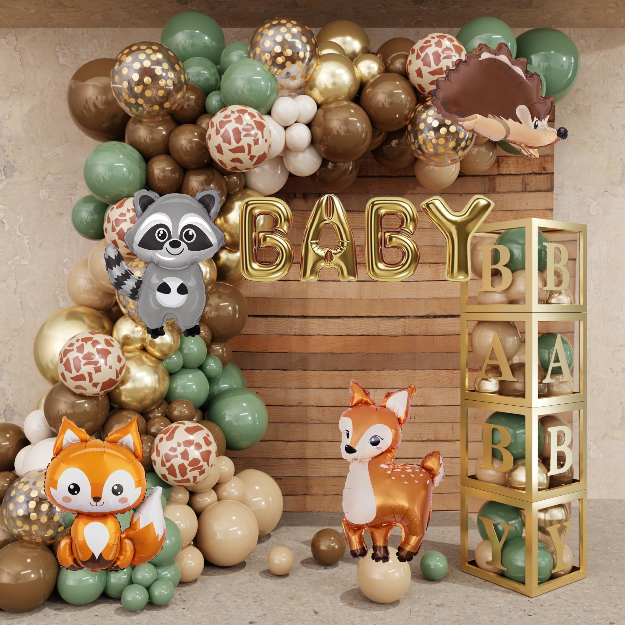 Photo 1 of Amandir 137pcs Woodland Animals Baby Shower Decoration Baby Boxes Sage Green Brown Balloon Garland Arch Kit Woodland Themed Animal Foil Balloons for Neutral Forest Jungle Safari Party Supplies