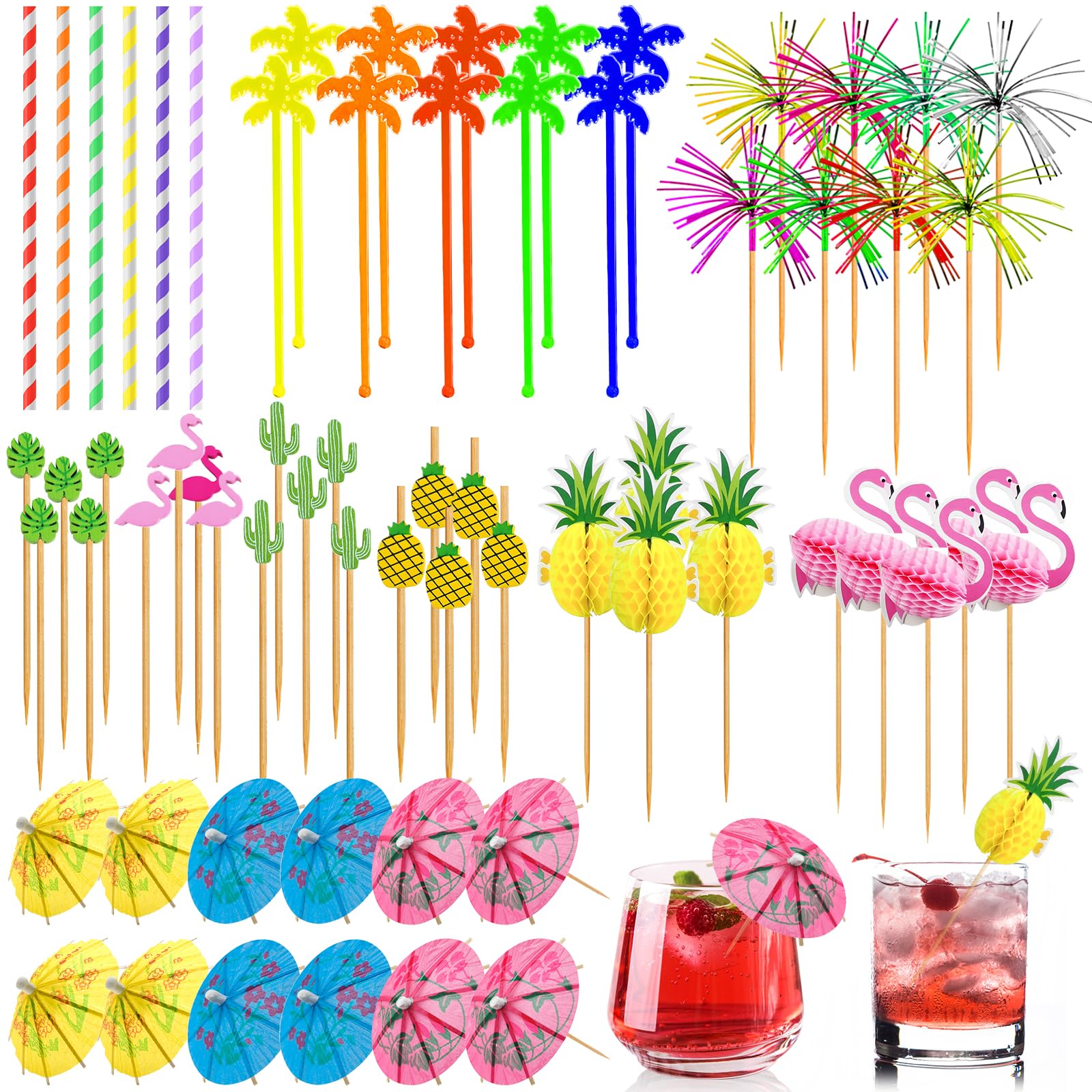 Bohoray 136pcs Cocktail Accessories for Drinks,Cocktail Party Decorations with Cocktail Umbrella Cocktail Sticks Sparklers Flamingo Paper Straws,for Hawaiian Party Decorations,Beach Bar Accessories