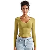 SUUKSESS Women Double Lined Casual V Neck Crop Tank Tops Basic Long Sleeve Shirts