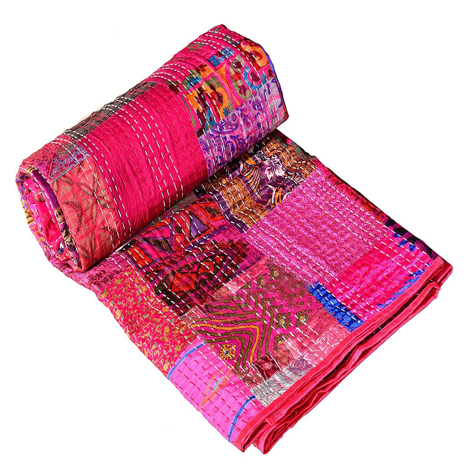 Photo 1 of Rajasthaniartdecor Indian Handmade Vintage Silk Sari Patola Ethnic Reversible Blanket Bedspread Throw Stitch Patchwork Kantha Quilt (Pink, King 90x108 Inch)