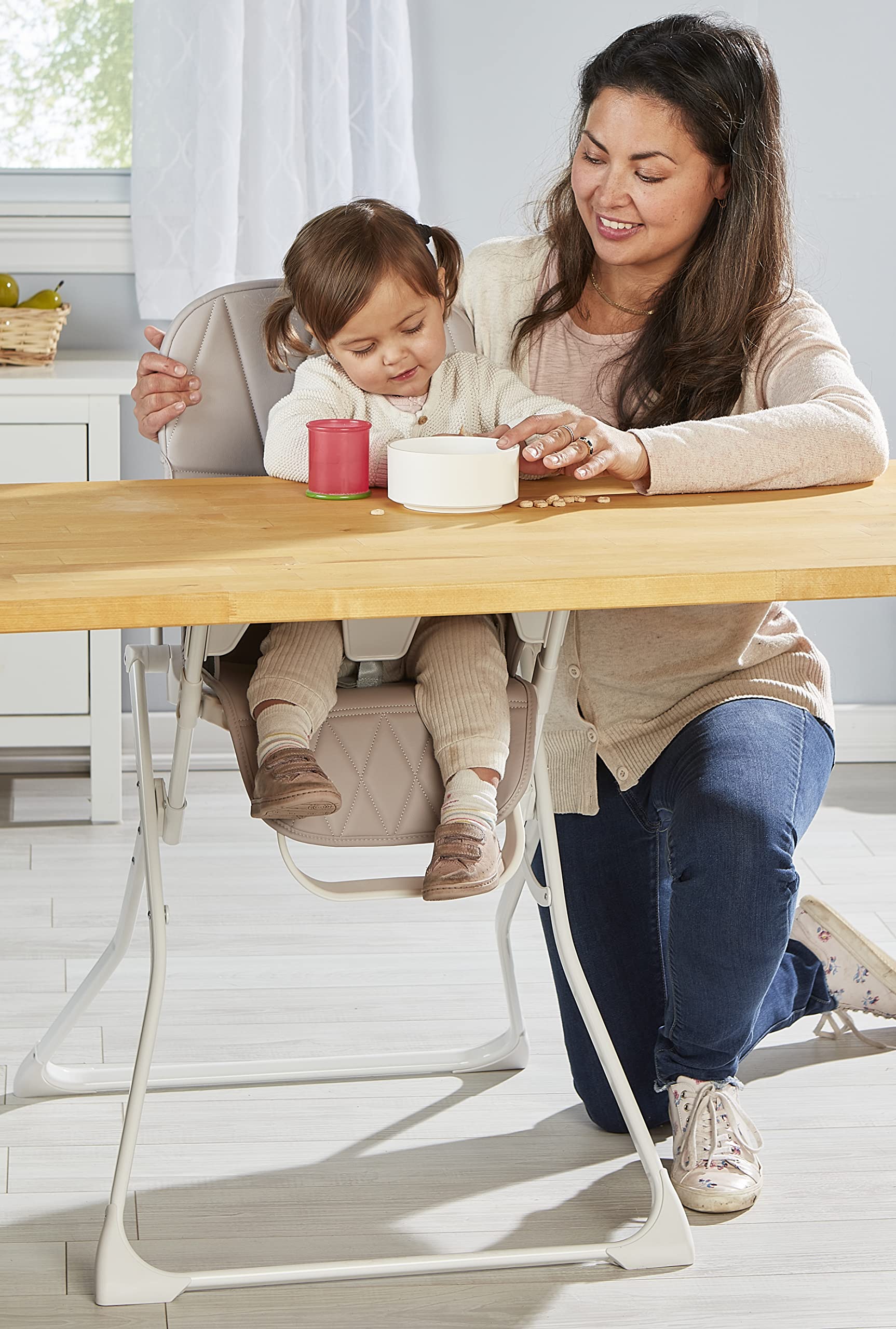 Primo PopUp Folding High Chair for Baby Age 6 to 36 Months - Taupe Folding Beach Style High Chair with Removable Dishwasher Safe Tray, 3pt Safety Harness, Leatherette Seat - Space Saving Design