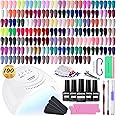 JODSONE 100 PCS Gel Nail Polish Starter Kit with U V Light 95 Colors Macarons Combined with Dark Colors Nail Gel No Wipe Base Coat Top Matte Coat Long Lasting Shine