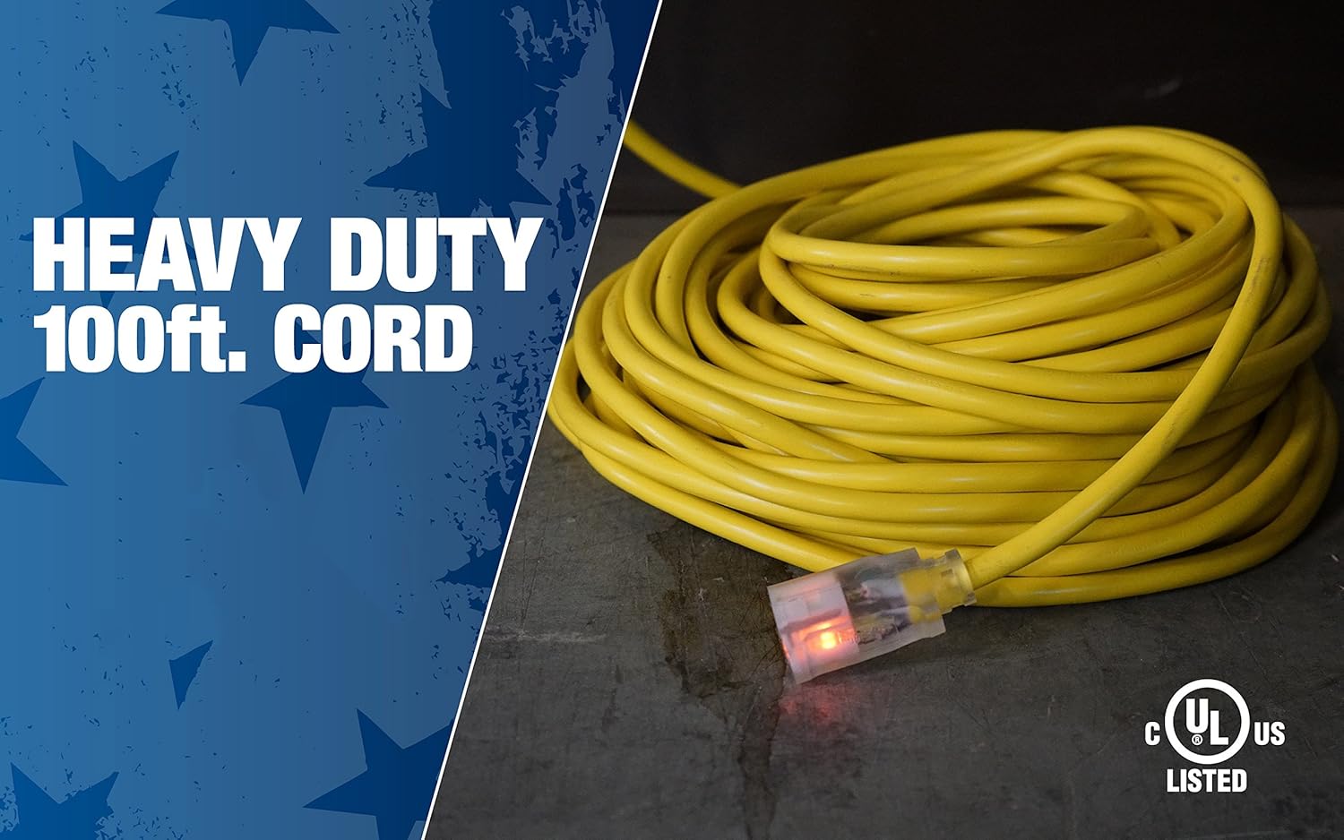 Southwire 25890002 2589SW0002 Outdoor Cord-12/3 American Made SJTW Heavy Duty 3 Prong Extension Cord, Water Resistant Vinyl Jacket, for Commercial Use and Major Appliances, Foot, Yellow, 100 Feet - - 