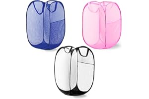 LXLOVESM Pop Up Laundry Hamper, Mesh Laundry Basket Collapsible, Foldable Hamper for Travel and Storage, 3 Pack (Black+Pink+Blue)