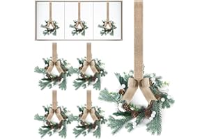 Lyrow 8 Pcs 8" Mini Christmas Kitchen Cabinet Wreaths with Ribbon Bow Artificial Leaves Berries Hanging Wreaths for Christmas Home Front Door Window Decorations(Farmhouse Style)